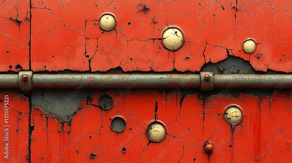 Poster red rust and rivets: a close-up abstract shot of a rusty red metal surface with chipped paint and ri