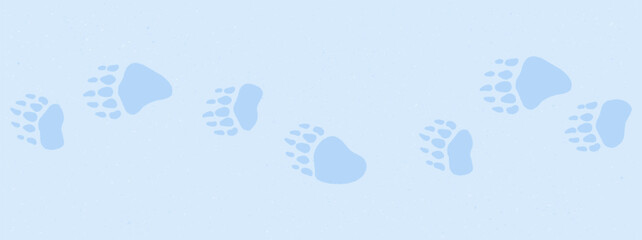 Traces of bear walk in the snow. Bear footprints vector illustration on textured snow background. Paw trail of bear