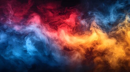 Fototapeta premium Cinematic swirling background with vibrant abstract smoky fog in warm and cool tones of red orange yellow and blue creating a dramatic and mystical atmosphere