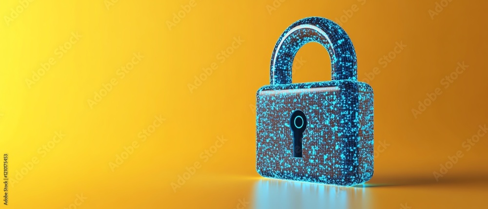 Poster digital lock in blue dotted style with tech icons, isolated on yellow background, representing virtu