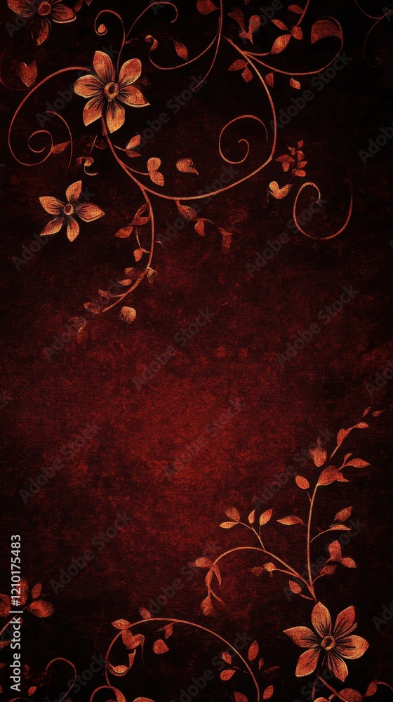 Poster Doodles of bronze floral patterns on a deep red background create an elegant and textured design
