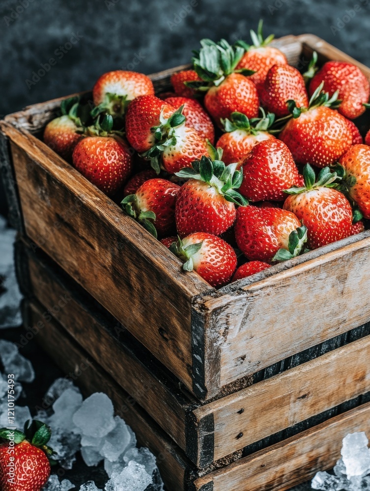 Poster fresh strawberries in a rustic wooden crate surrounded by ice cubes on a dark surface
