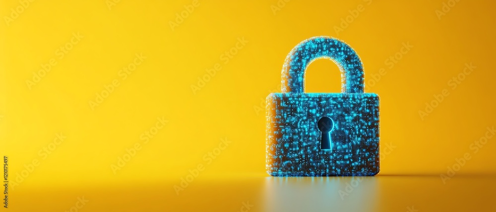 Poster digital lock in blue dotted style with tech icons, isolated on yellow background, representing virtu