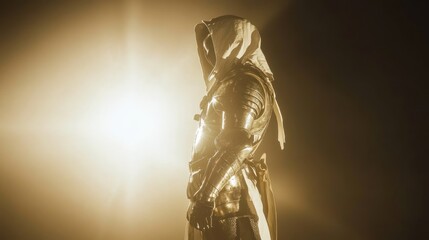 Golden-armored knight, studio backdrop, mystical light, fantasy game