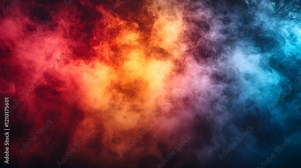 Poster dynamic background of swirling smoke and fog in shades of red orange yellow and blue creating a vivi