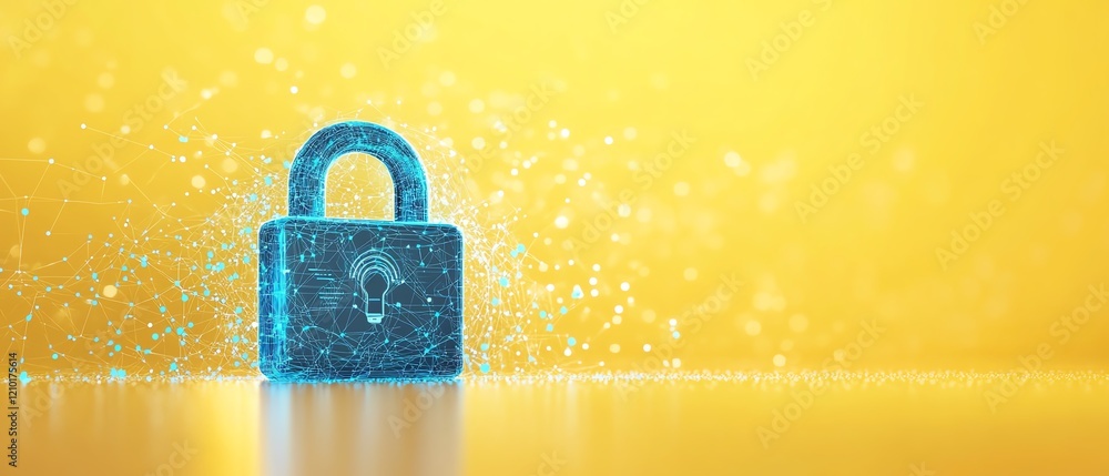 Poster digital lock with blue dotted pattern and tech icons, isolated on yellow background, 3d render of da