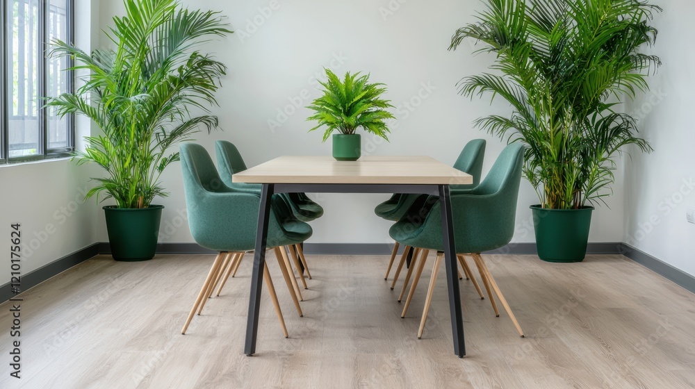 Poster modern office space with green plants creating a calm work environment