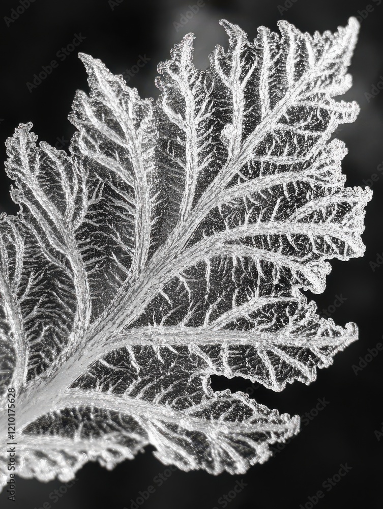 Aufkleber Frost-covered leaf displays intricate patterns and textures in close-up view during a cold winter morning