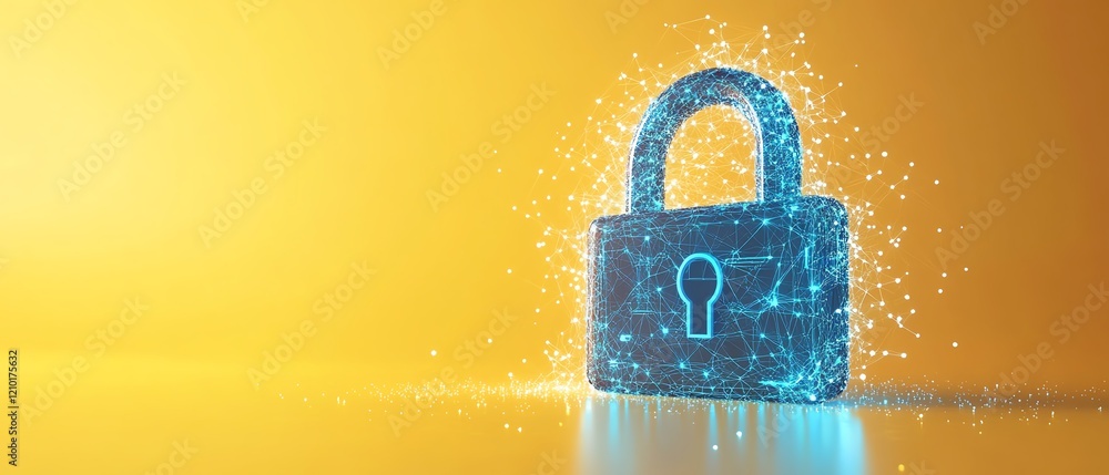 Poster digital lock with blue dotted pattern and tech icons, isolated on yellow background, 3d render of da