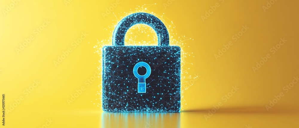 Poster digital lock with blue dotted pattern and tech icons, isolated on yellow background, 3d render of da