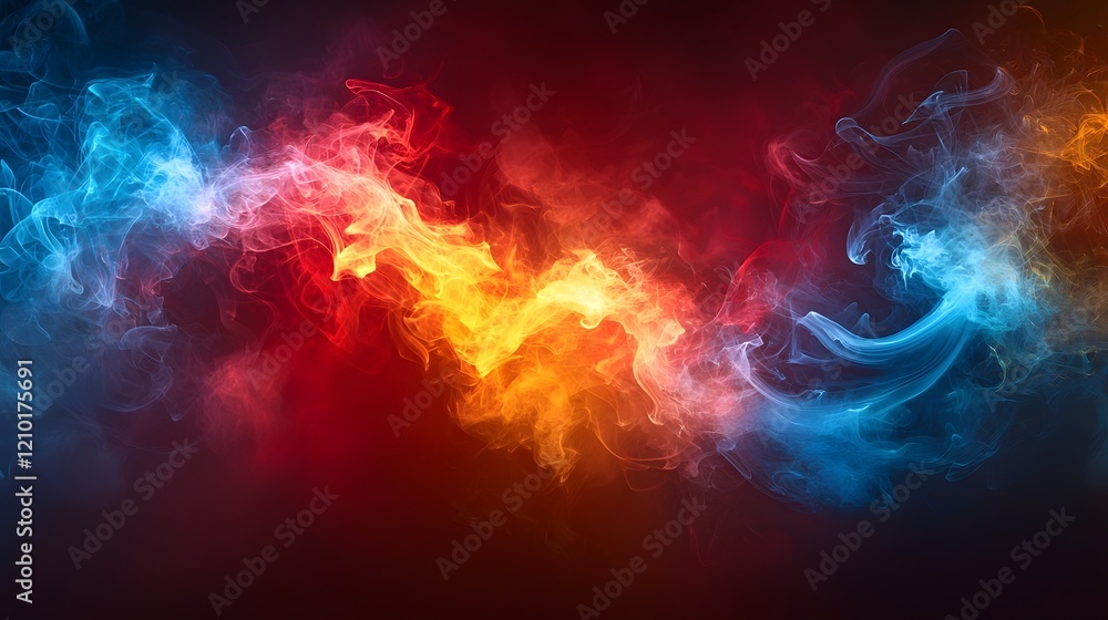 Poster dynamic background of swirling smoke and fog in red orange yellow and blue tones creating a vivid ci