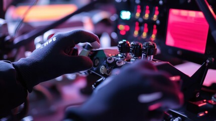 Technician wearing protective gloves operates a complex control panel with buttons, knobs, and a digital screen in an industrial setting, highlighting precision and expertise