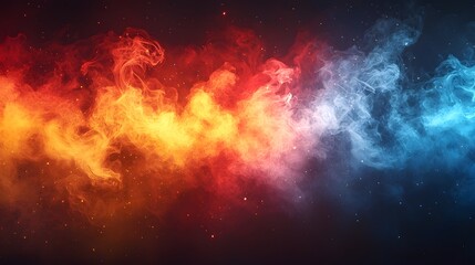 Fototapeta premium Vivid cinematic background featuring dynamic swirls of fiery smoke haze and fog in a captivating blend of red orange yellow and blue tones creating a dramatic and atmospheric visual effect