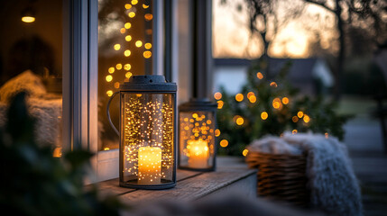 Cozy evening ambiance with lanterns and fairy lights in a peaceful outdoor setting