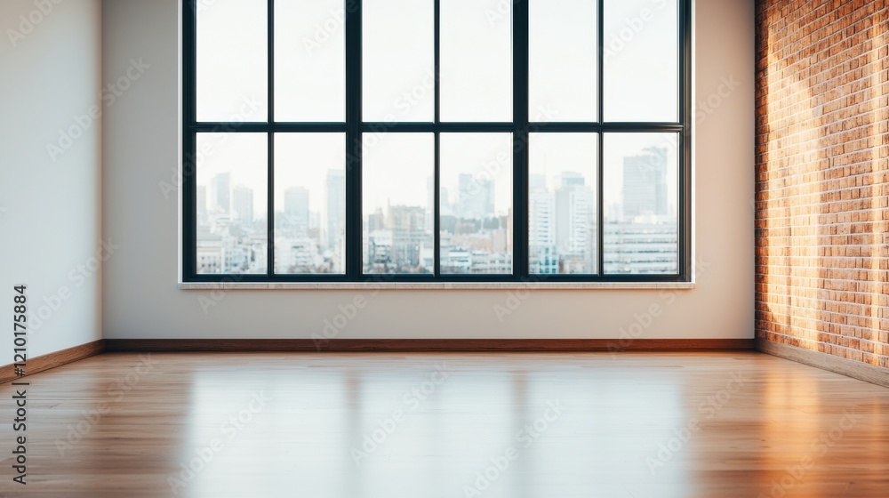 Poster empty office with large window overlooking city