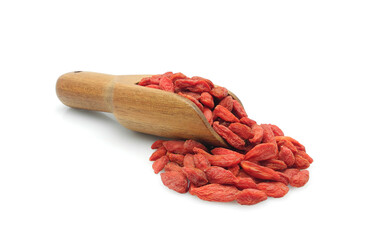 Dry red goji berries for healthy diet in wooden scoop isolated on white background  