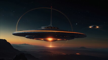 Obraz premium A massive, futuristic UFO hovers in deep space, illuminated by glowing lights beneath its metallic structure