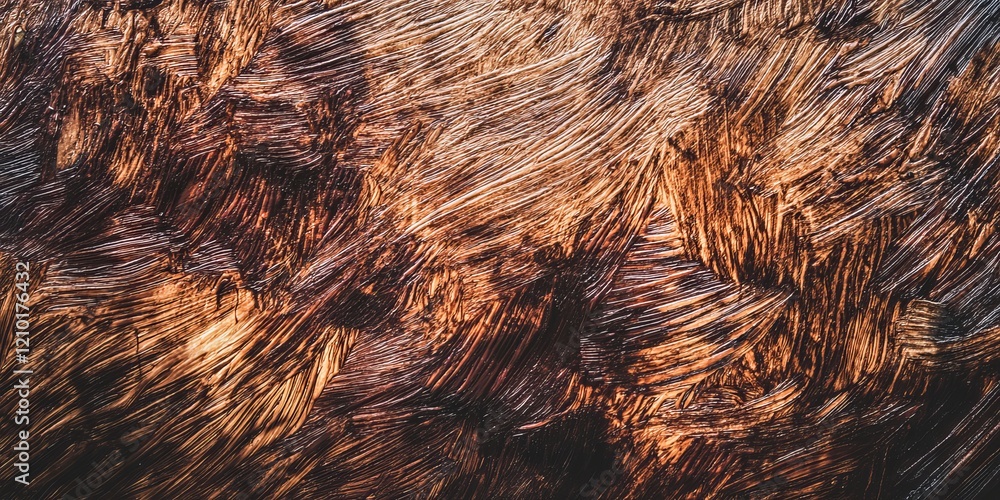 Poster an abstract close-up of a textured surface with rich hues of copper and bronze, showcasing dynamic l