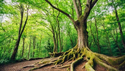 Magical Old Tree with Twisted Roots and Lush Green Foliage in Enchanted Forest