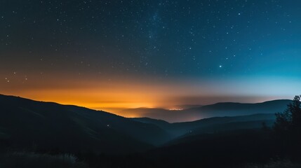 Starry night sky over serene mountains with glowing horizon and distant lights