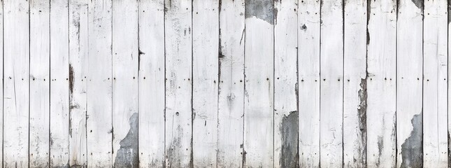 Aged white wooden fence with peeling paint and weathered texture