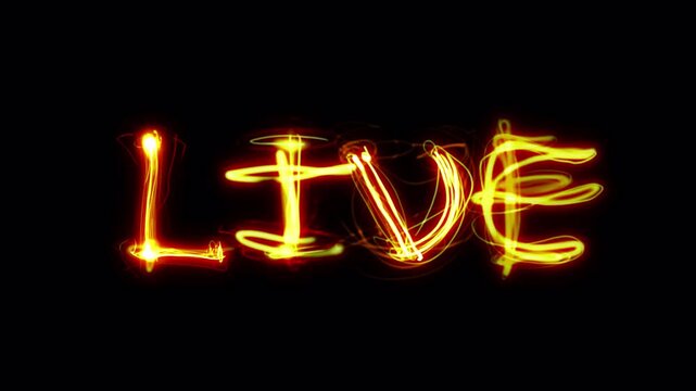 Live word text animation. Neon scribble golden letters glowing on a transparent alpha channel. Animated banner, hand drawn doodle style.