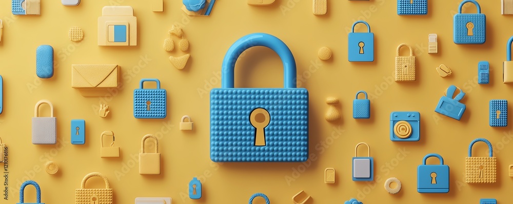 Poster tech icons surrounding blue dotted digital lock on yellow background, representing virtual security 