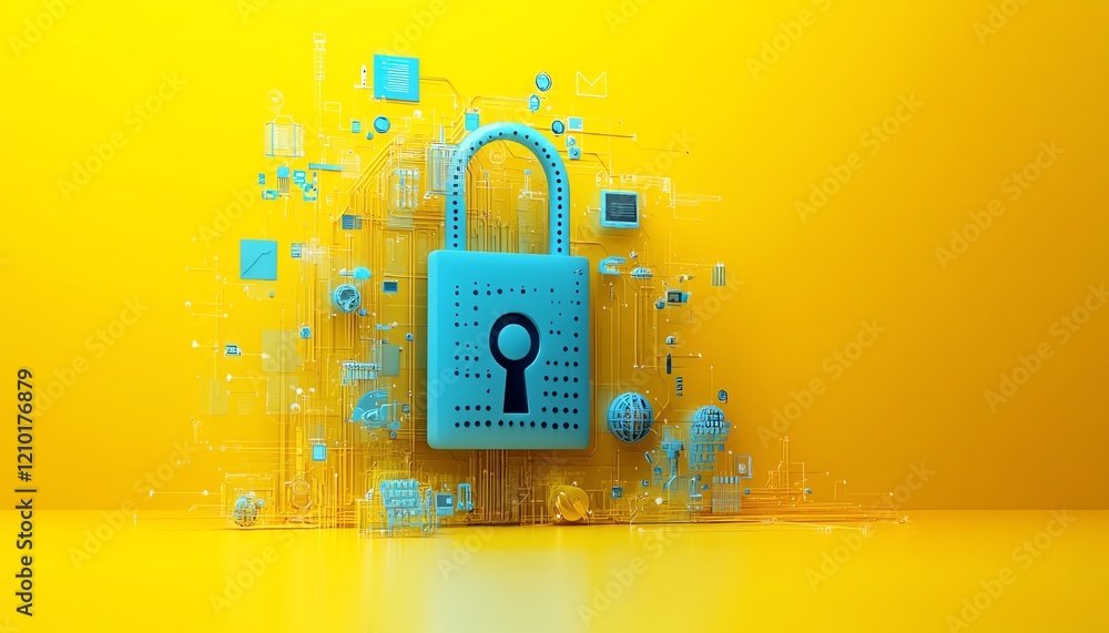 Aufkleber virtual security and data protection concept with blue dotted digital lock and tech icons on yellow 