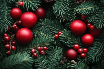 Fototapeta premium A festive arrangement of red ornaments among evergreen branches.