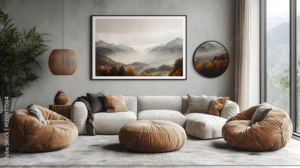 Poster cozy and contemporary living room interior with a frame mockup in iso paper size featuring minimalis