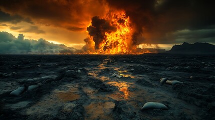 Fototapeta premium Infernal Blaze: A towering inferno consumes the landscape in a dramatic and apocalyptic scene. The flames dance and writhe against a stormy sky.
