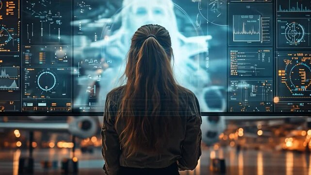 The Future Unfolds: A young woman, back to the camera, stands transfixed before a vast digital screen, filled with complex data streams and shimmering holographic projections.
