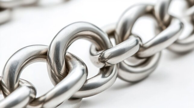 Polished metal chain links close-up, white background, connection concept, security imagery