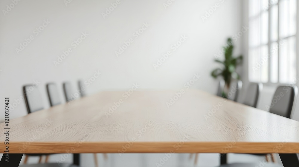 Poster Empty meeting table in a bright workspace with natural light streaming in