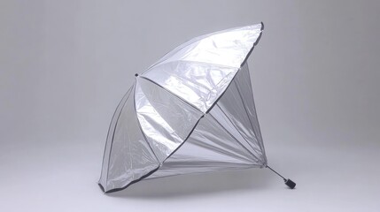 Tilted silver studio reflector umbrella on white background