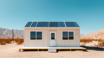 A modern, solar-powered house in a desert landscape, featuring large windows and a simple design against a clear blue sky.