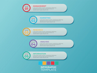 A five step infographic template with colored circles and rectangular boxes showcasing management, marketing, research, analysis, and information stages.