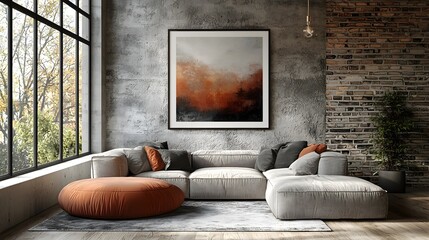 Minimalist and contemporary living room interior with a large wall poster frame mockup in ISO size featuring clean lines industrial elements