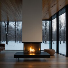 Fireplace in modern minimalist white interior with a view of snowy Scandinavian nature