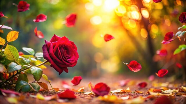 Soft focus rose petals fall from a crimson rose bush in the evening light, surrounded by lush greenery and autumn leaves, symbolizing love's tender farewell , love, sunset