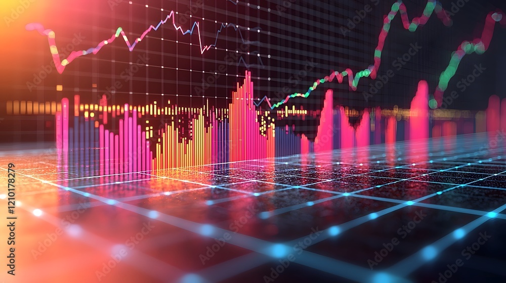 Poster Visually striking and informative financial data visualization featuring a dynamic arrangement of colorful line and bar charts neatly presented over a faint grid background