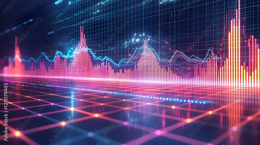 Fototapete Dynamic and Vibrant Data Visualization with Layered Colorful Line and Bar Charts on a Subtle Grid Background for Professional Financial Analytics and Technology Presentations