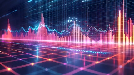 Dynamic and Vibrant Data Visualization with Layered Colorful Line and Bar Charts on a Subtle Grid Background for Professional Financial Analytics and Technology Presentations
