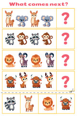 Fototapeta premium Educational game for children. What comes next, logical tasks for kids. Select the right element in the line, cut and glue activity.