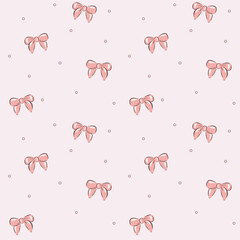 Vector illustration. Seamless pattern of pink bows on a light pink background with dots. Girly background, cute fabric design, postcard template, wallpaper, website, banner