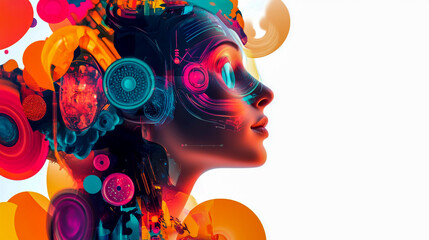 Colorful 3D collage illustration representing a person with a creative mind interfacing with AI machine tools isolated on white background.