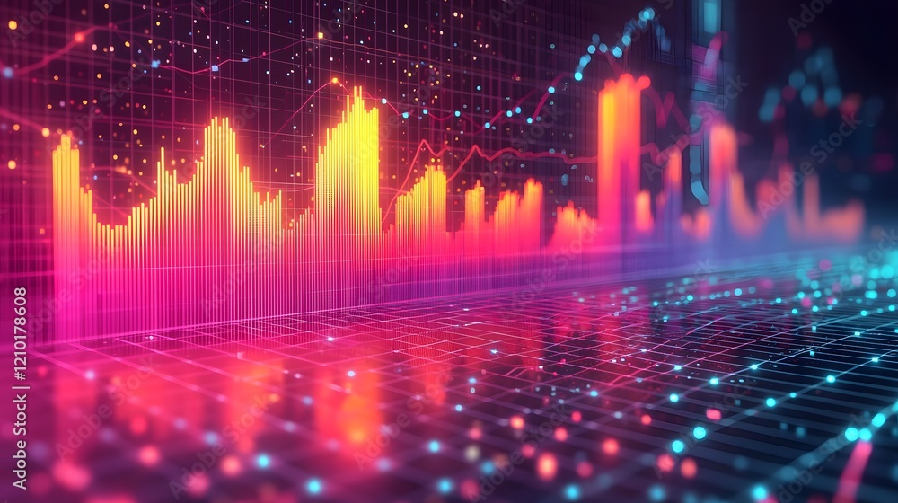 Aufkleber Stunning abstract data visualization with dynamic line and bar charts in bright glowing colors displayed over a subtle grid background for a contemporary futuristic aesthetic