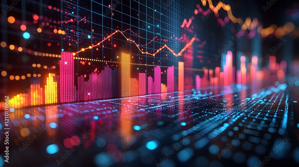 Poster Vibrant Financial Data Visualization with Dynamic Line and Bar Charts on Subtle Grid Background for Contemporary Business Analytics and Reporting