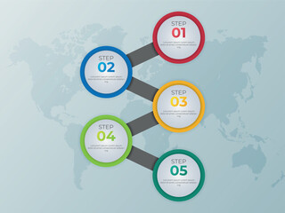 Obraz premium Five colorful circular steps connected by grey lines on a world map background. Each step contains a number and placeholder text. Five Step Process Global Strategy Plan Diagram Presentation