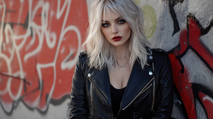 Fototapeta premium A platinum blonde woman in a structured leather jacket, high-waist jeans, and boots, standing stylishly by a graffiti wall